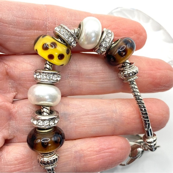 European Style Beads Brown Silver Rhinestone Bracelet - Picture 5 of 8